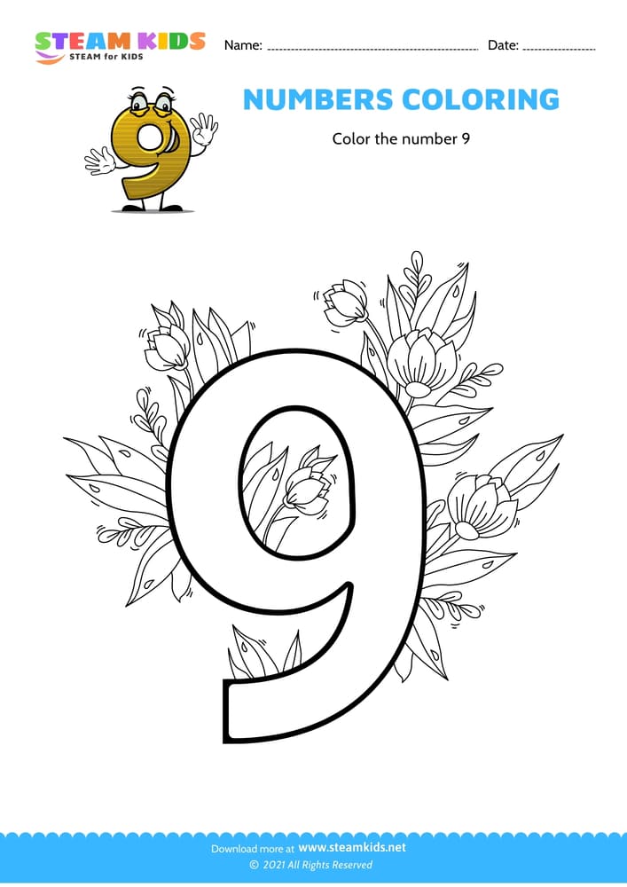 Free Coloring Worksheet - Color the number 9