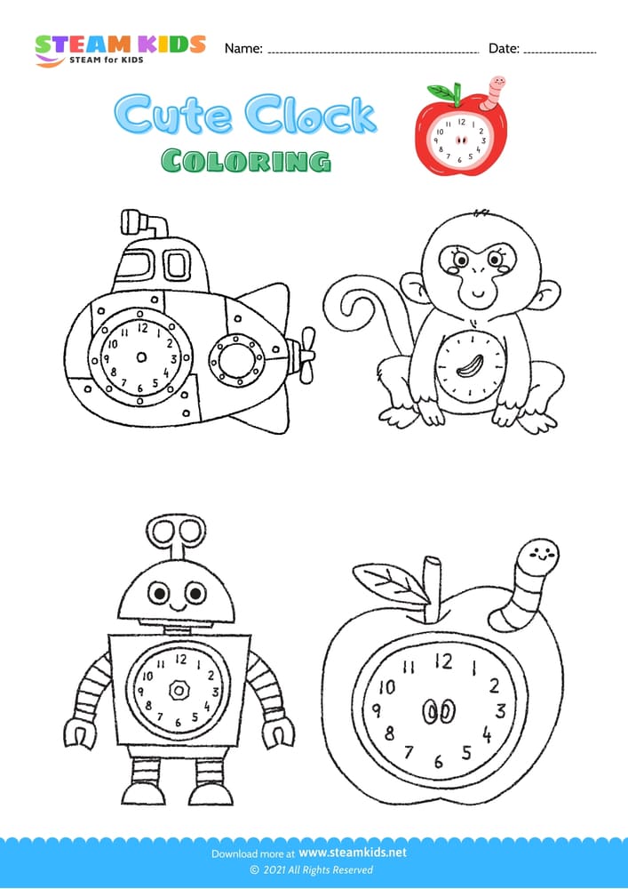Free Coloring Worksheet - Cute Clock