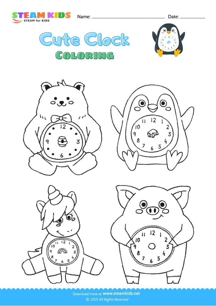 Free Coloring Worksheet - Cute Clock