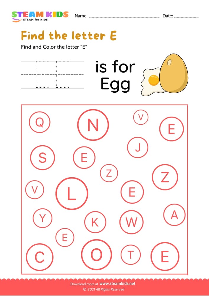 Free English Worksheet - Find and Color letter E