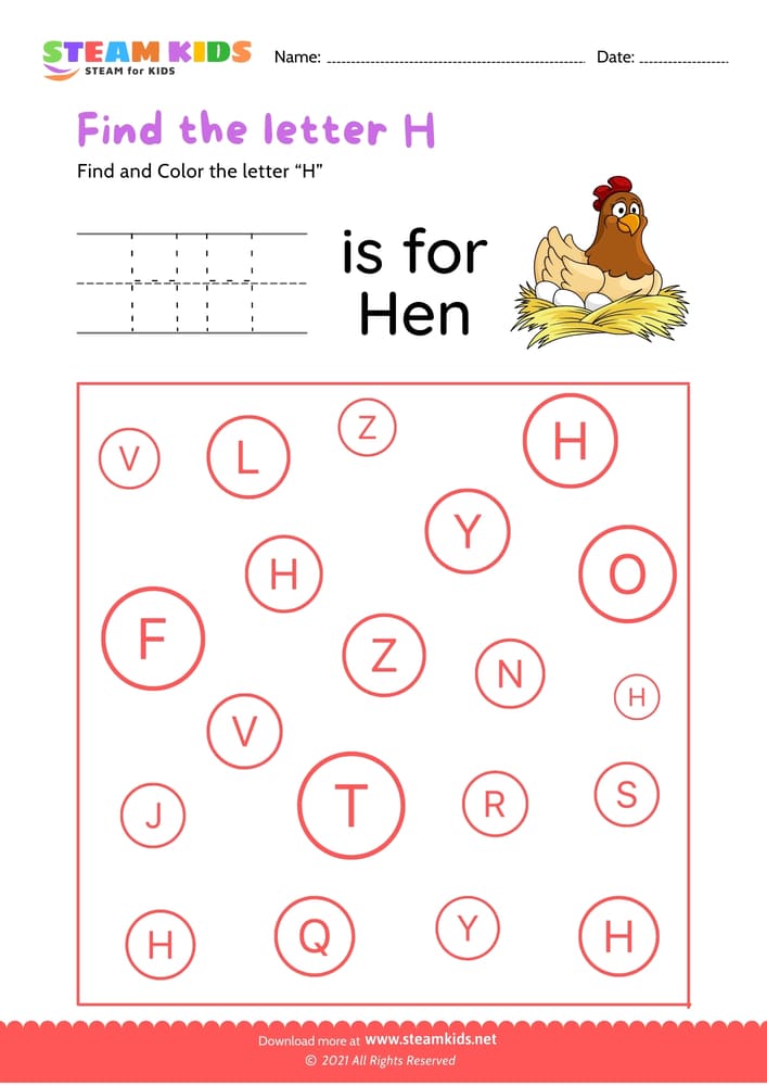 Free English Worksheet - Find and Color letter H