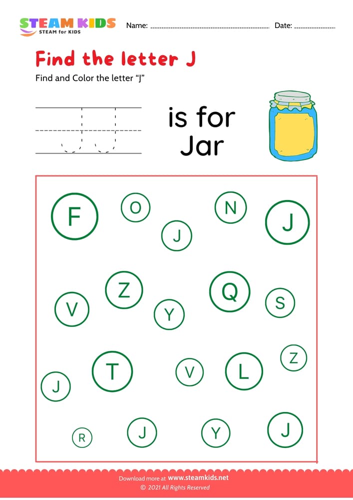 Free English Worksheet - Find and Color letter J