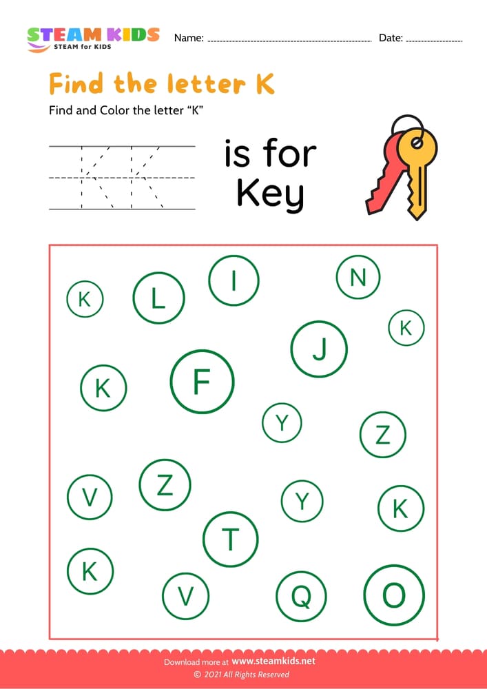 Free English Worksheet - Find and Color letter K