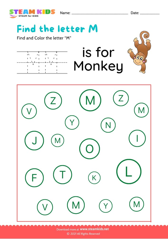 Free English Worksheet - Find and Color letter M