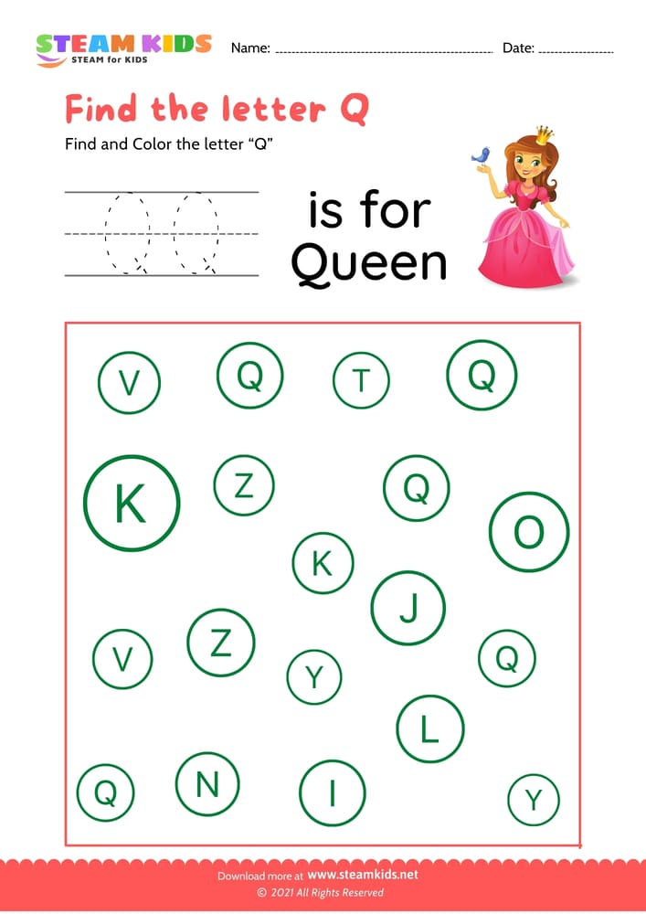 Free English Worksheet - Find and Color letter Q