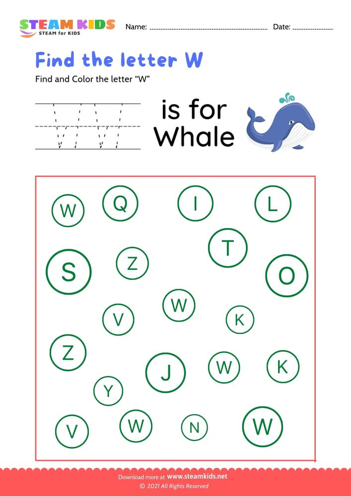 Free English Worksheet - Find and Color letter W
