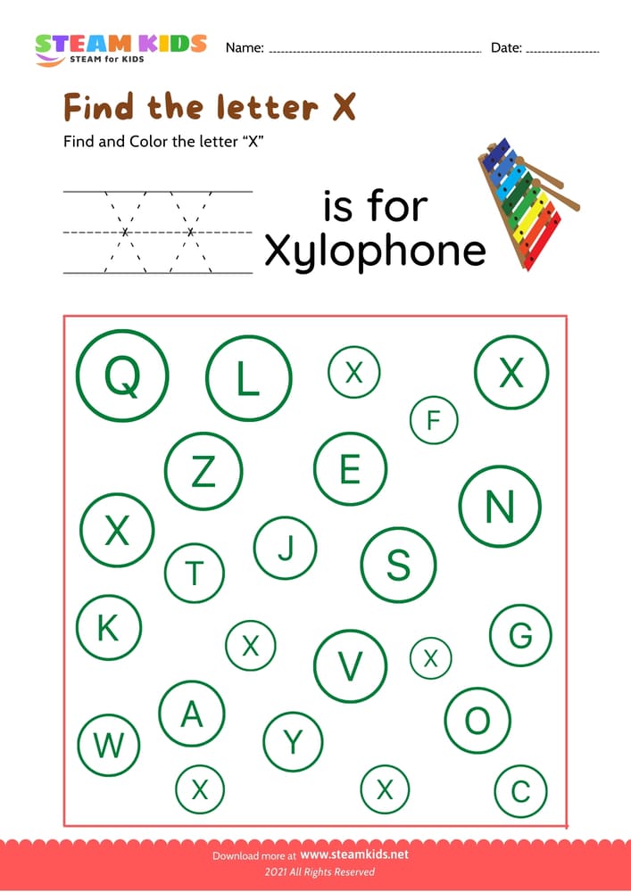 Free English Worksheet - Find and Color letter X