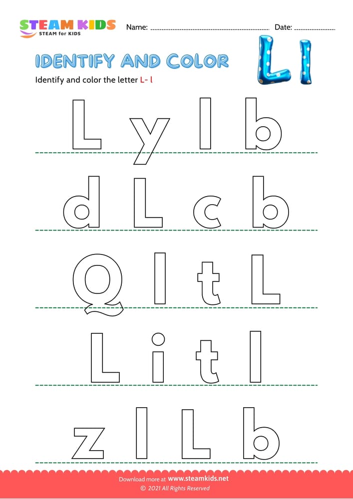 Free English Worksheet - Find and Color letter L/l