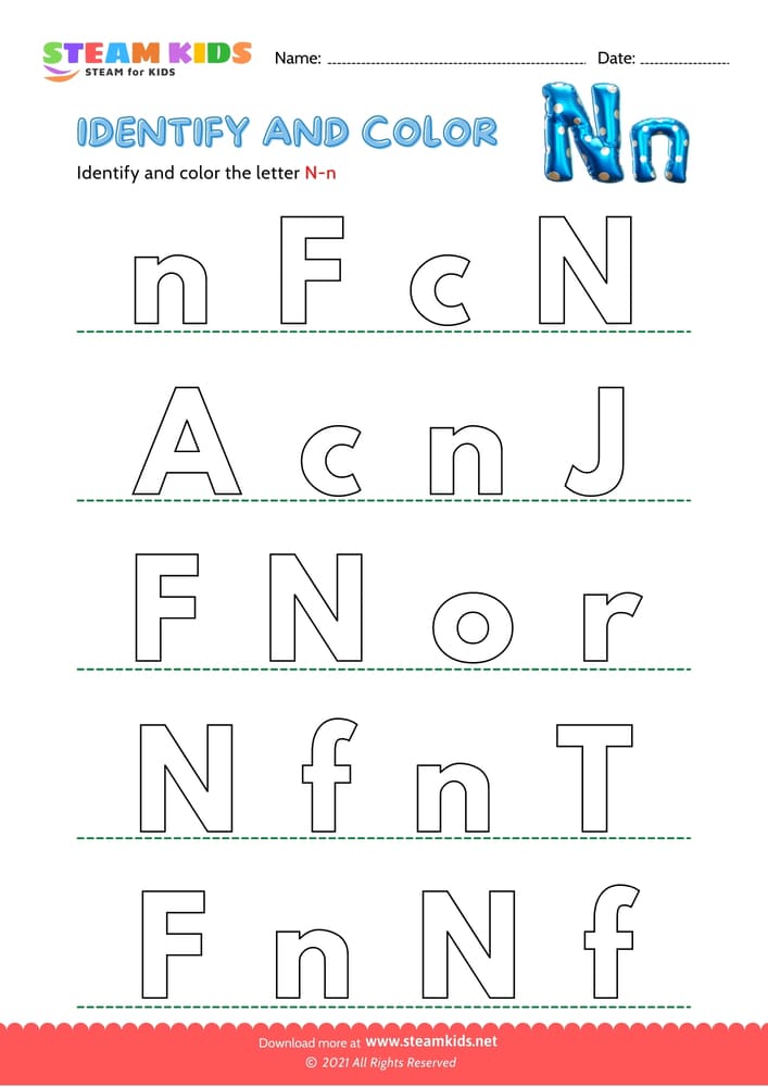 Free English Worksheet - Find and Color letter N/n