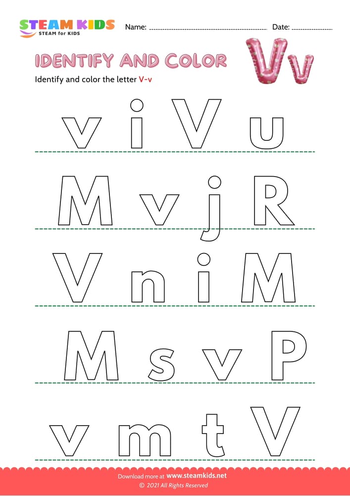 Free English Worksheet - Find and Color letter V/v