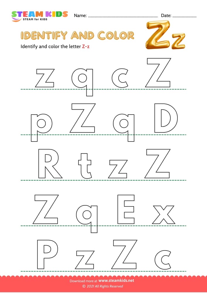 Free English Worksheet - Find and Color letter Z/z