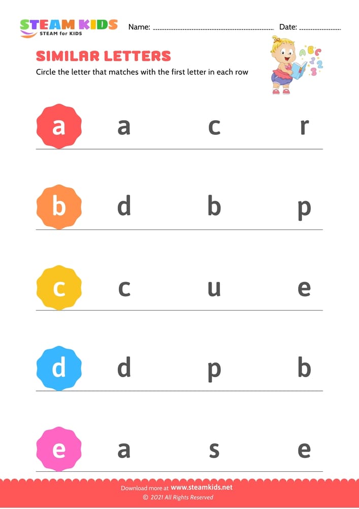 Free English Worksheet - Letters that look similar lowercase (a-e)