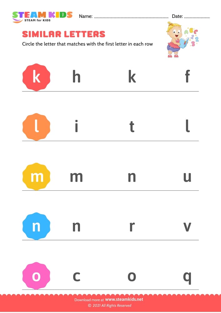 Free English Worksheet - Letters that look similar lowercase (k-o)