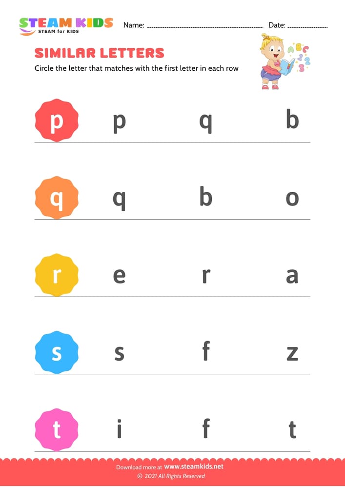 Free English Worksheet - Letters that look similar lowercase (p-t)