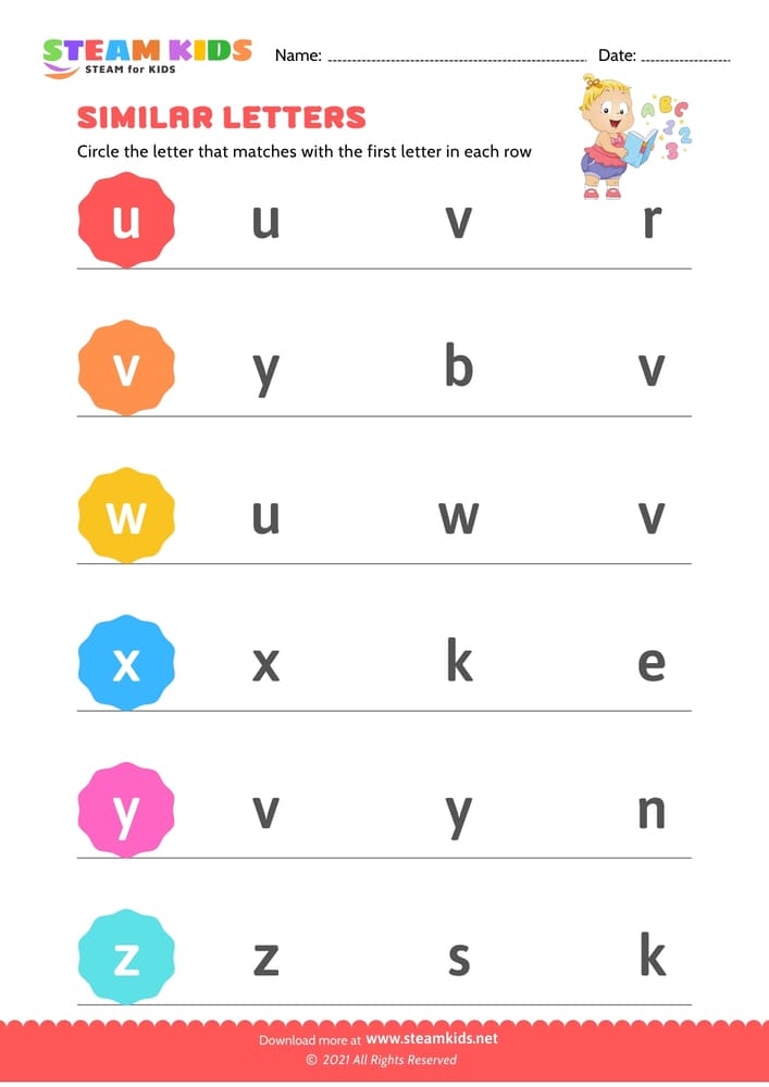 Free English Worksheet - Letters that look similar lowercase (u-z)