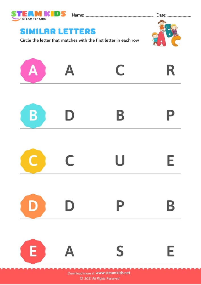 Free English Worksheet - Letters that look similar uppercase (A-E)