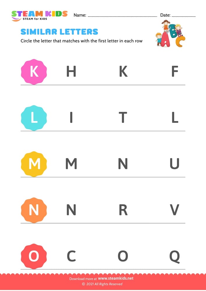 Free English Worksheet - Letters that look similar uppercase (K-O)