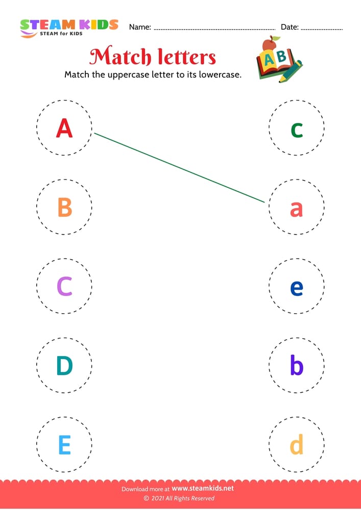 Free English Worksheet - Match upper and lowercase letters (a-e)