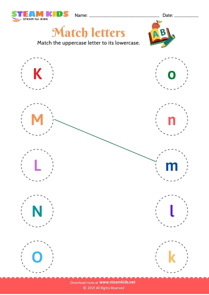 Free English Worksheet - Match upper and lowercase letters (k-o)