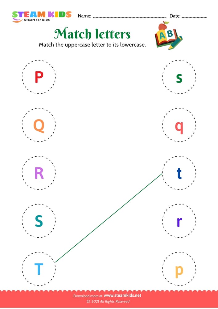 Free English Worksheet - Match upper and lowercase letters (p-t)