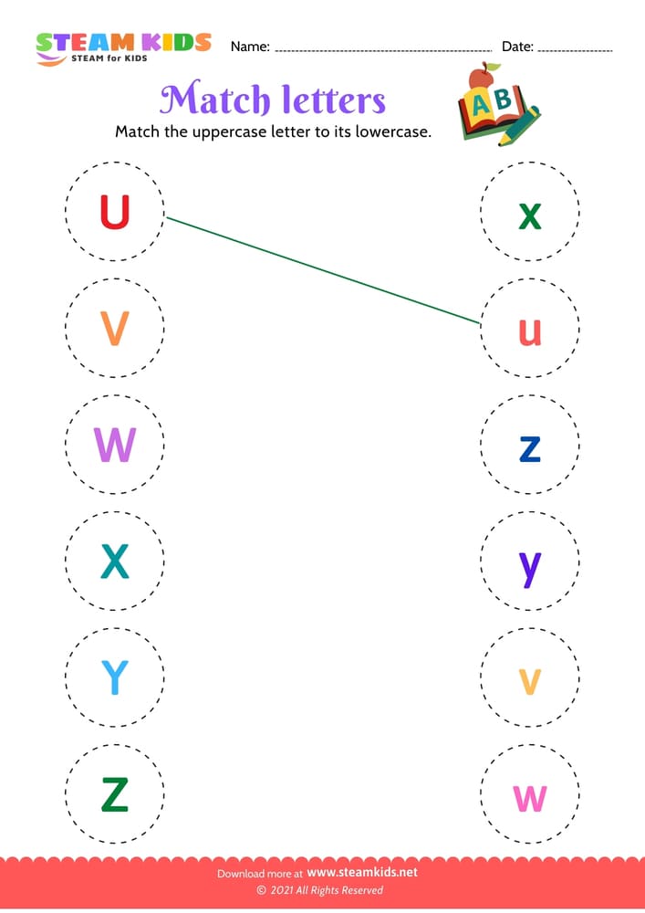 Free English Worksheet - Match upper and lowercase letters (u-z)