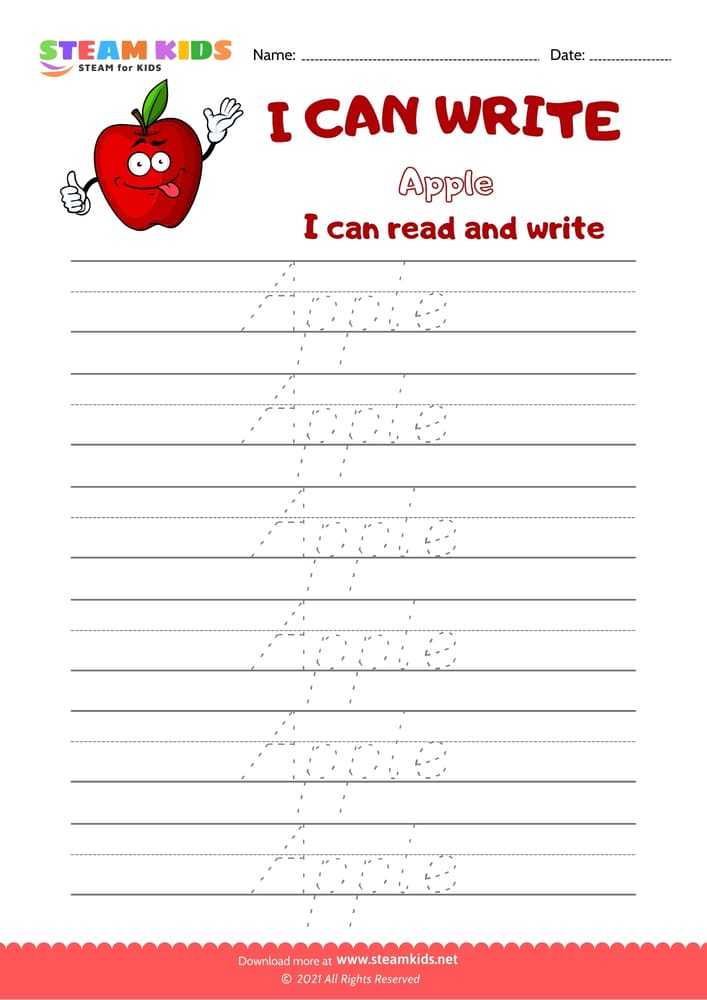 Free English Worksheet - Write Words -  Apple 