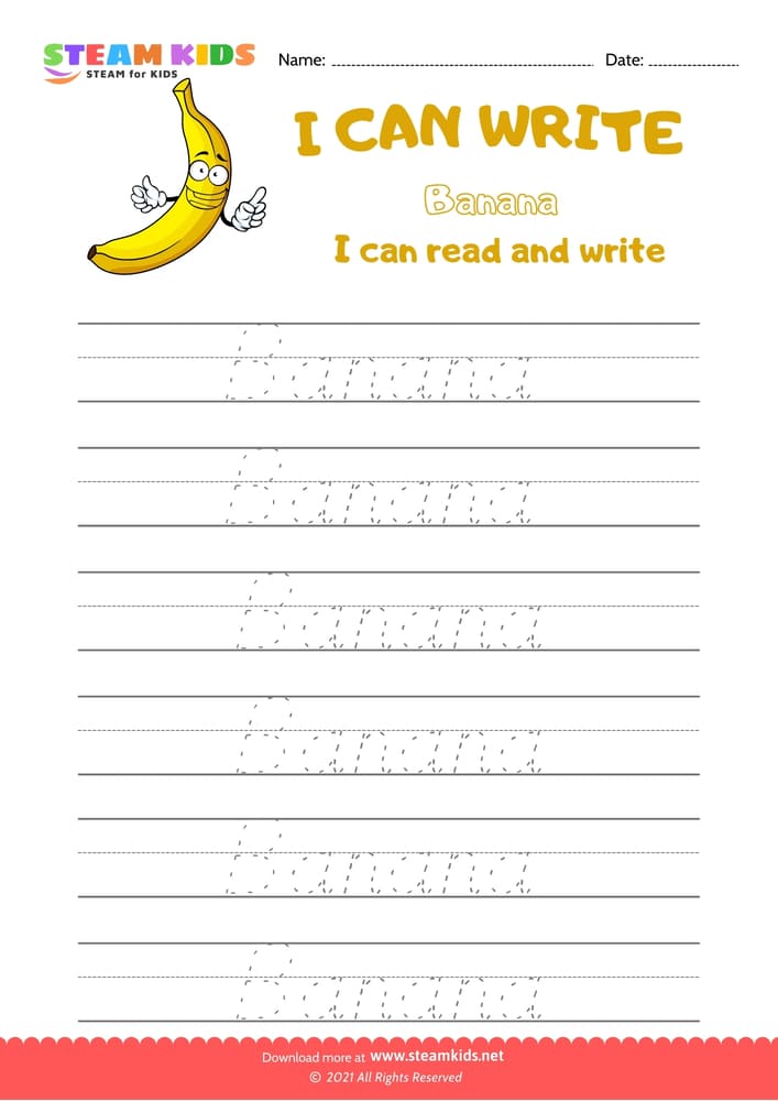 Free English Worksheet - Write Words -  Banana 