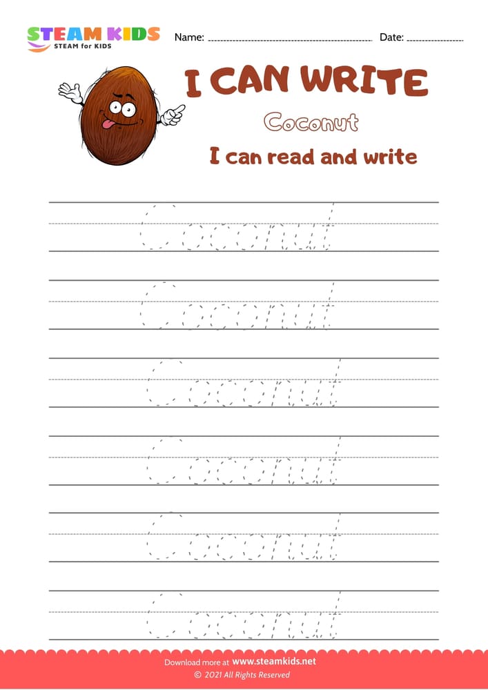 Free English Worksheet - Write Words -  Coconut