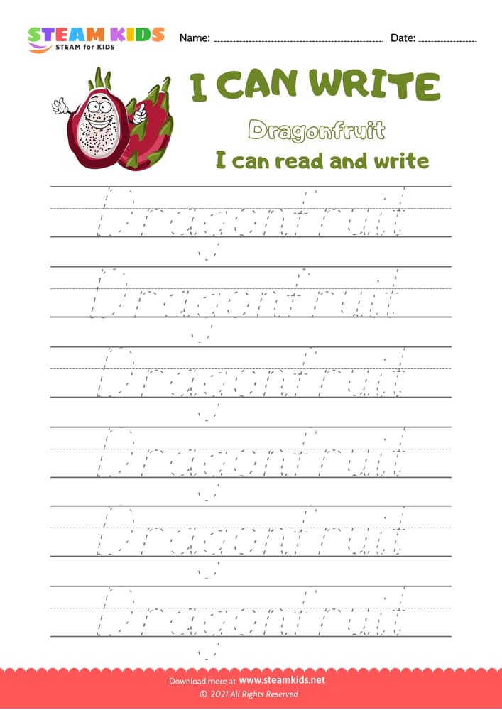 Free English Worksheet - Write Words -  Dragonfruit 