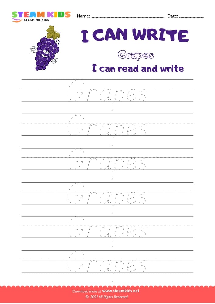 Free English Worksheet - Write Words -  Grapes 