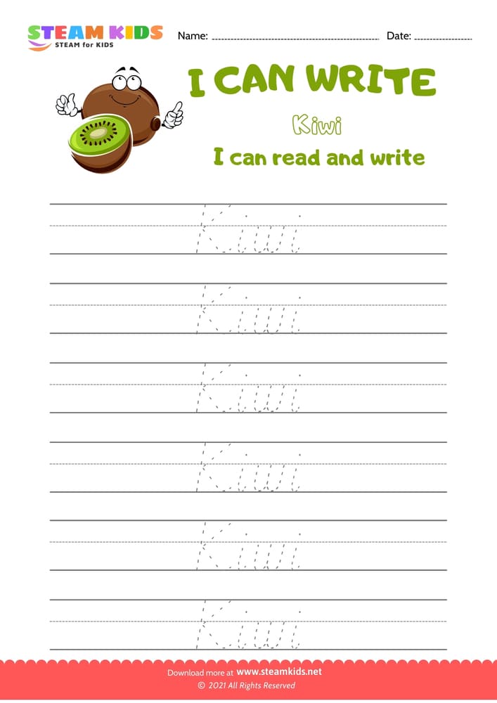 Free English Worksheet - Write Words -  Kiwi