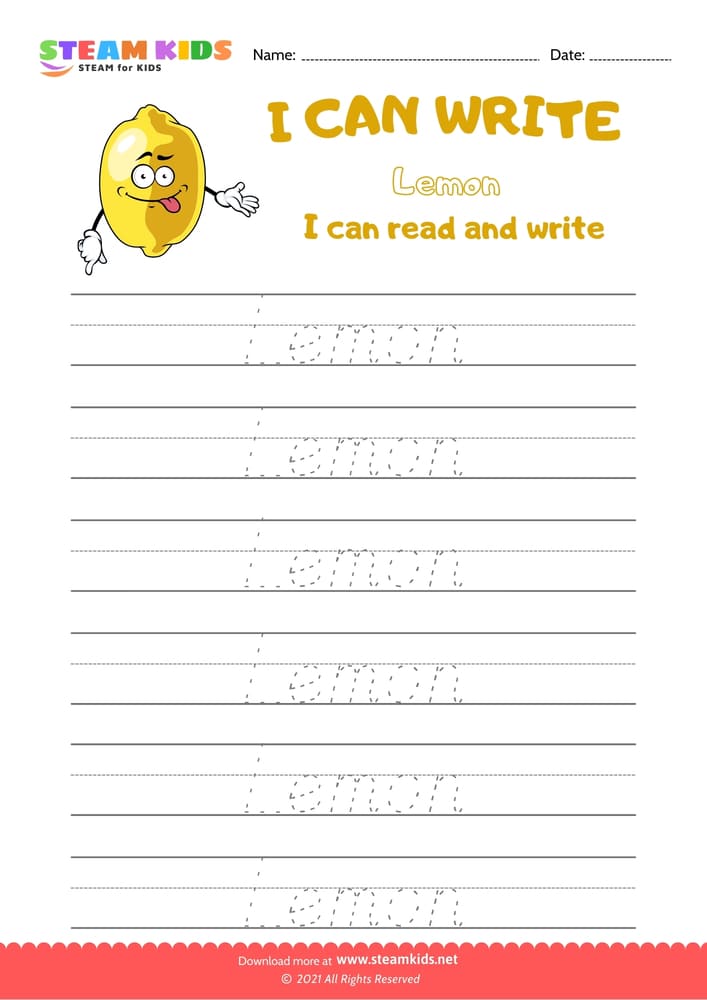 Free English Worksheet - Write Words - Lemon