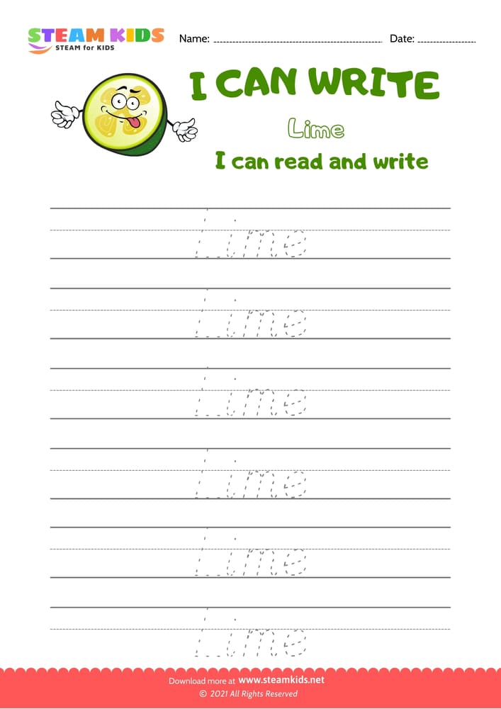 Free English Worksheet - Write Words - Lime