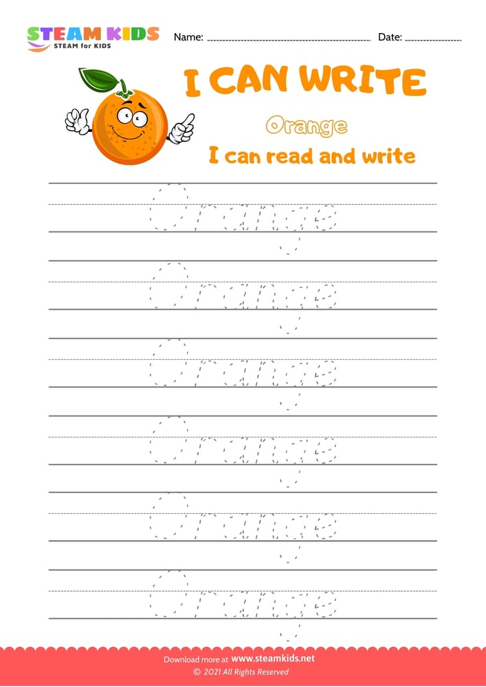 Free English Worksheet - Write Words - Orange