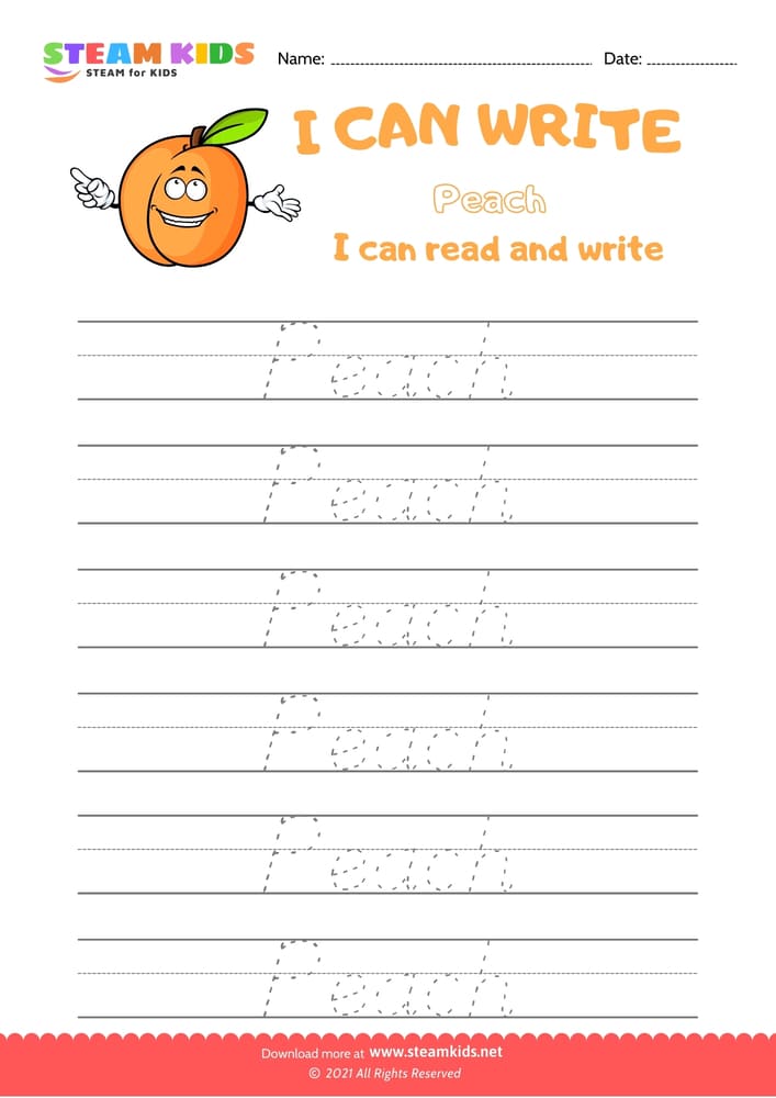 Free English Worksheet - Write Words - Peach