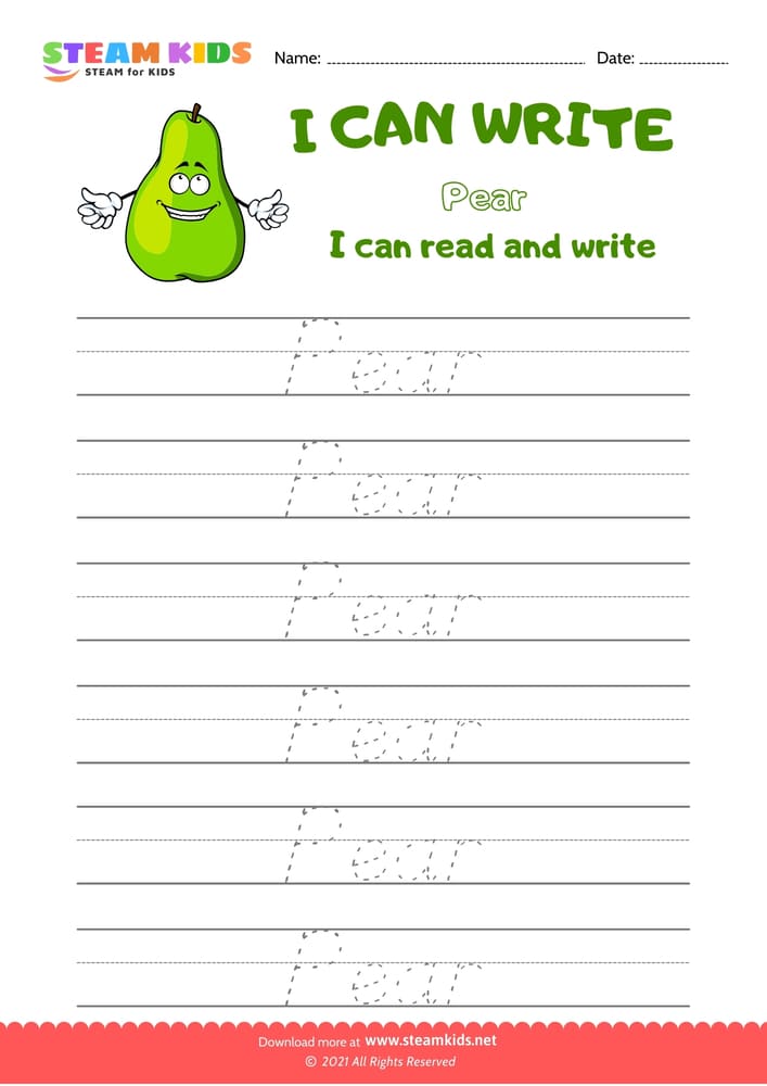 Free English Worksheet - Write Words - Pear