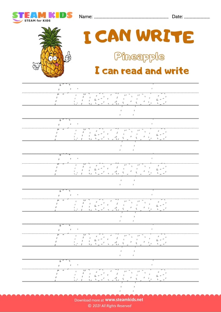 Free English Worksheet - Write Words - Pineapple