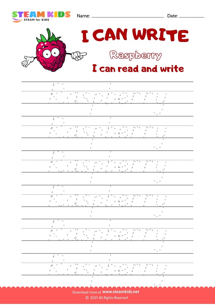 Free English Worksheet - Write Words - Raspberry