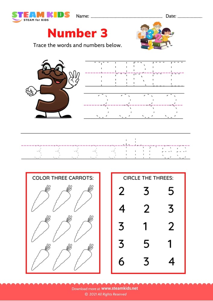 Free English Worksheet - Indentify and write number 3