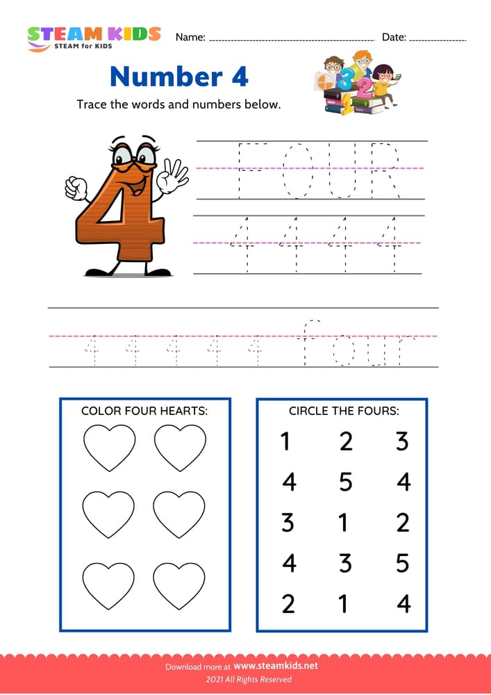 Free English Worksheet - Indentify and write number 4