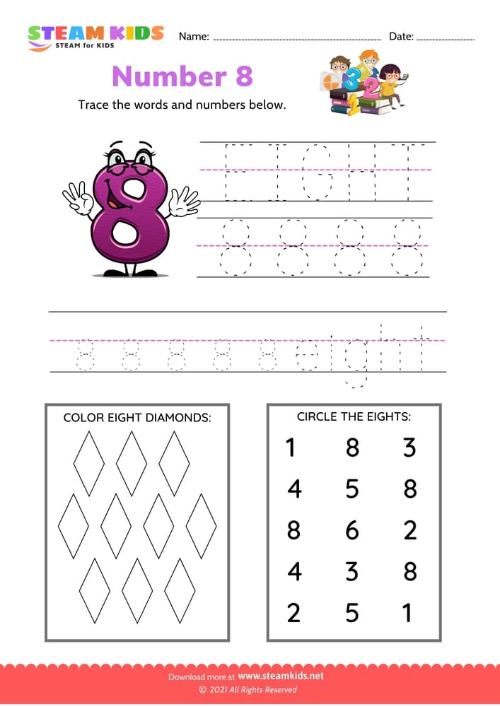 Free English Worksheet - Indentify and write number 8