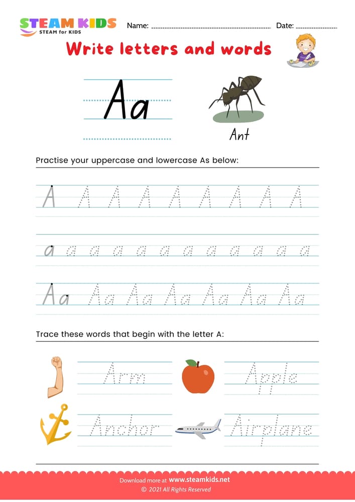 Free English Worksheet - Write letters and words -  A/a
