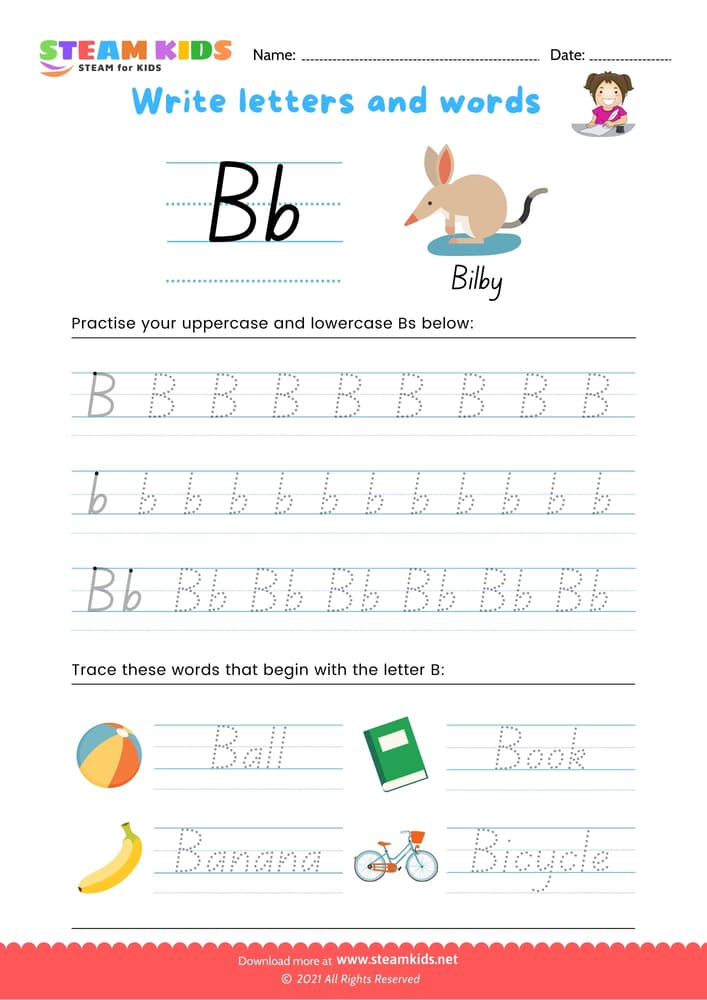 Free English Worksheet - Write letters and words -  B/b
