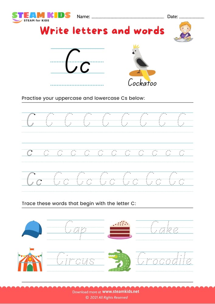 Free English Worksheet - Write letters and words -  C/c