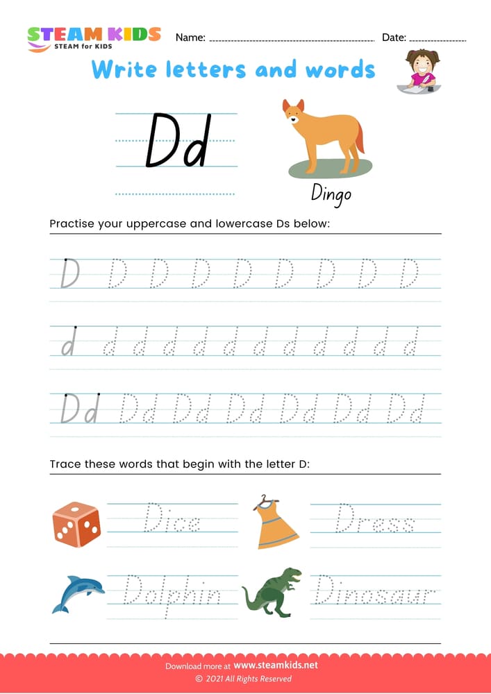 Free English Worksheet - Write letters and words -  D/d