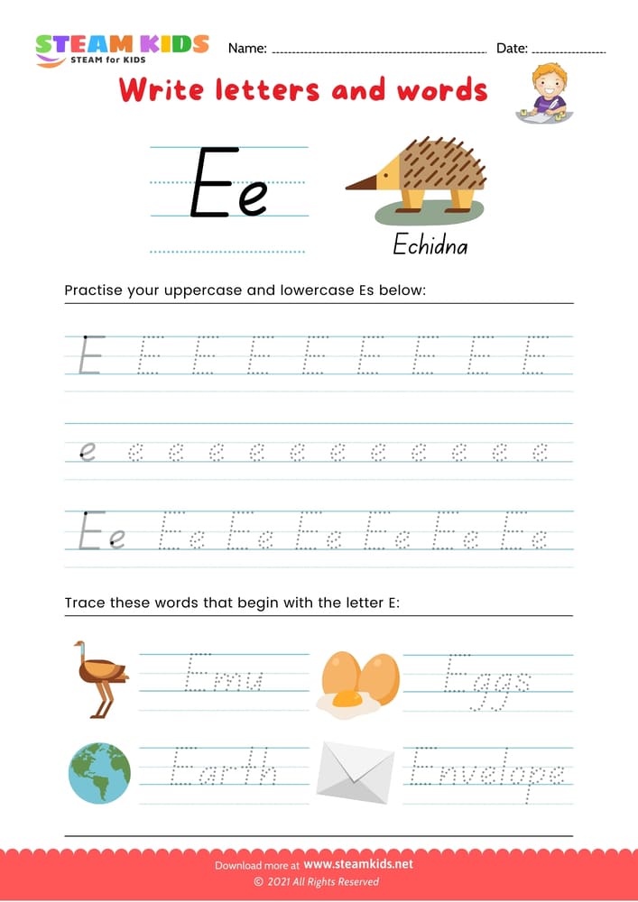 Free English Worksheet - Write letters and words -  E/e