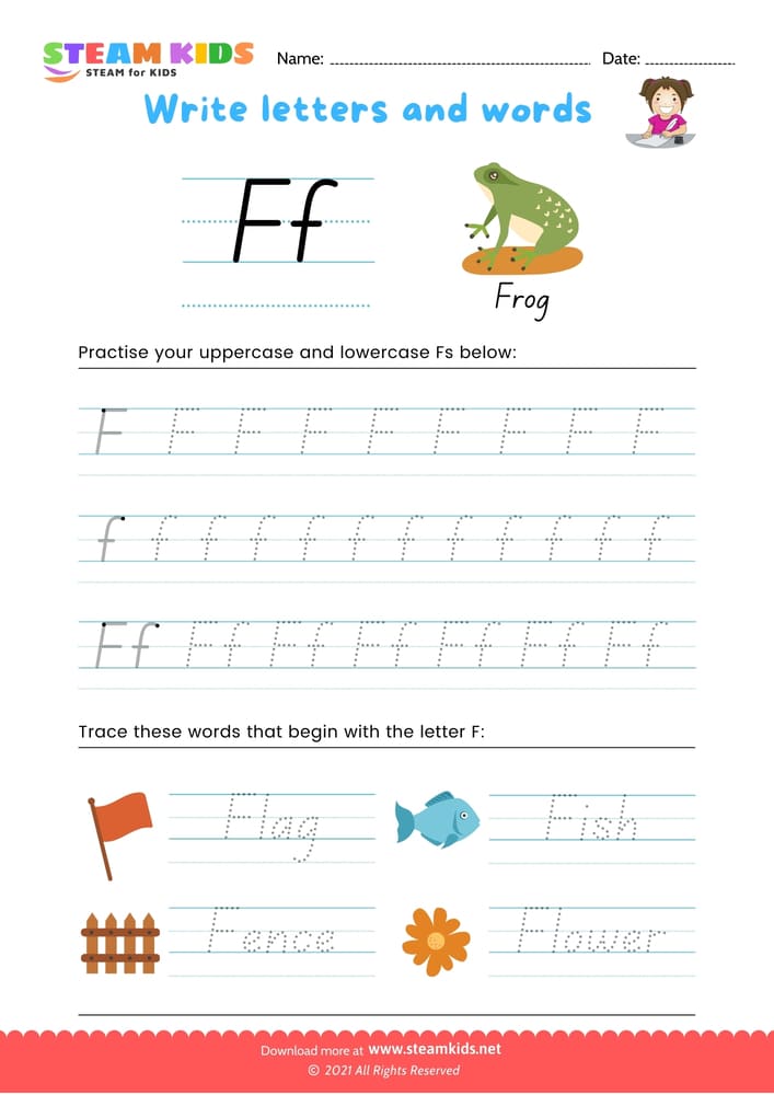 Free English Worksheet - Write letters and words -  F/f