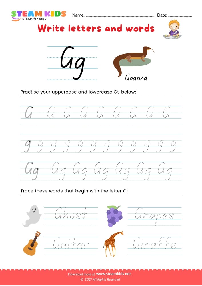 Free English Worksheet - Write letters and words -  G/g