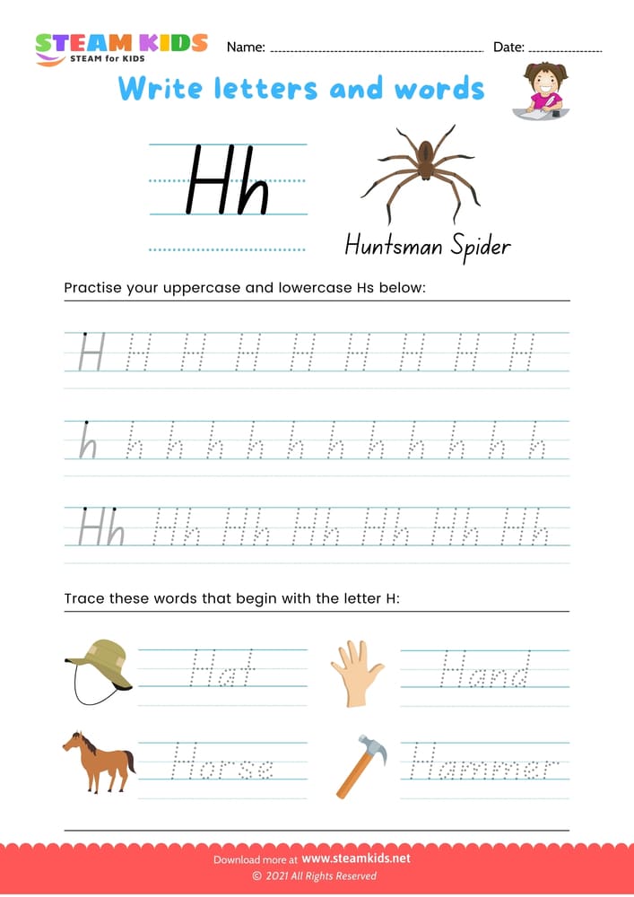 Free English Worksheet - Write letters and words -  H/h