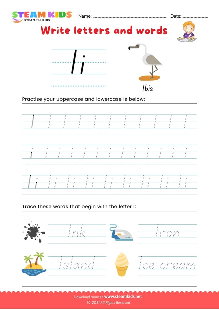 Free English Worksheet - Write letters and words -  I/i